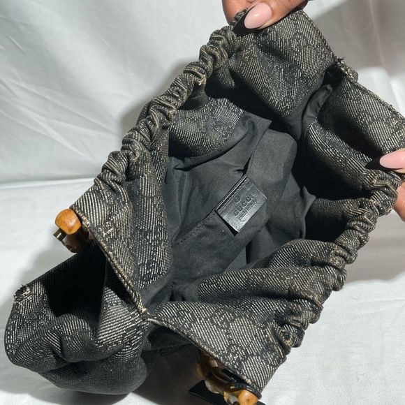 Gucci Bamboo GG Logo Navy Blue Canvas Hand Bag - Picture 6 of 14